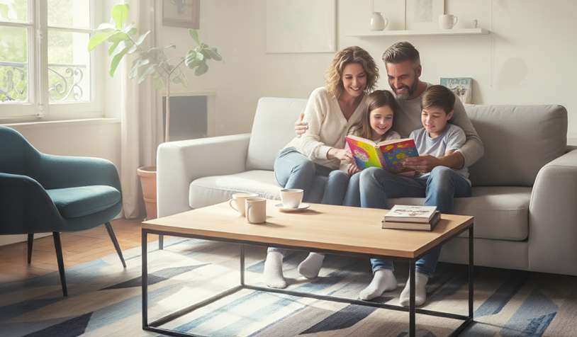 Famille dans un salon chauffé par une pompe à chaleur
